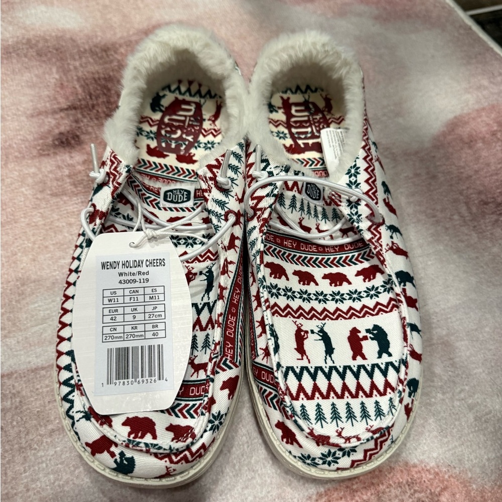 Hey Dude Festive Red and White Shoes